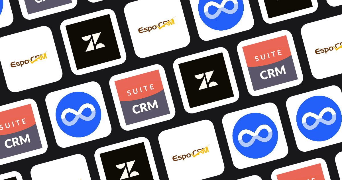 Illustration of various CRM dashboards from tools like Zendesk Sell, SuiteCRM, and EspoCRM.