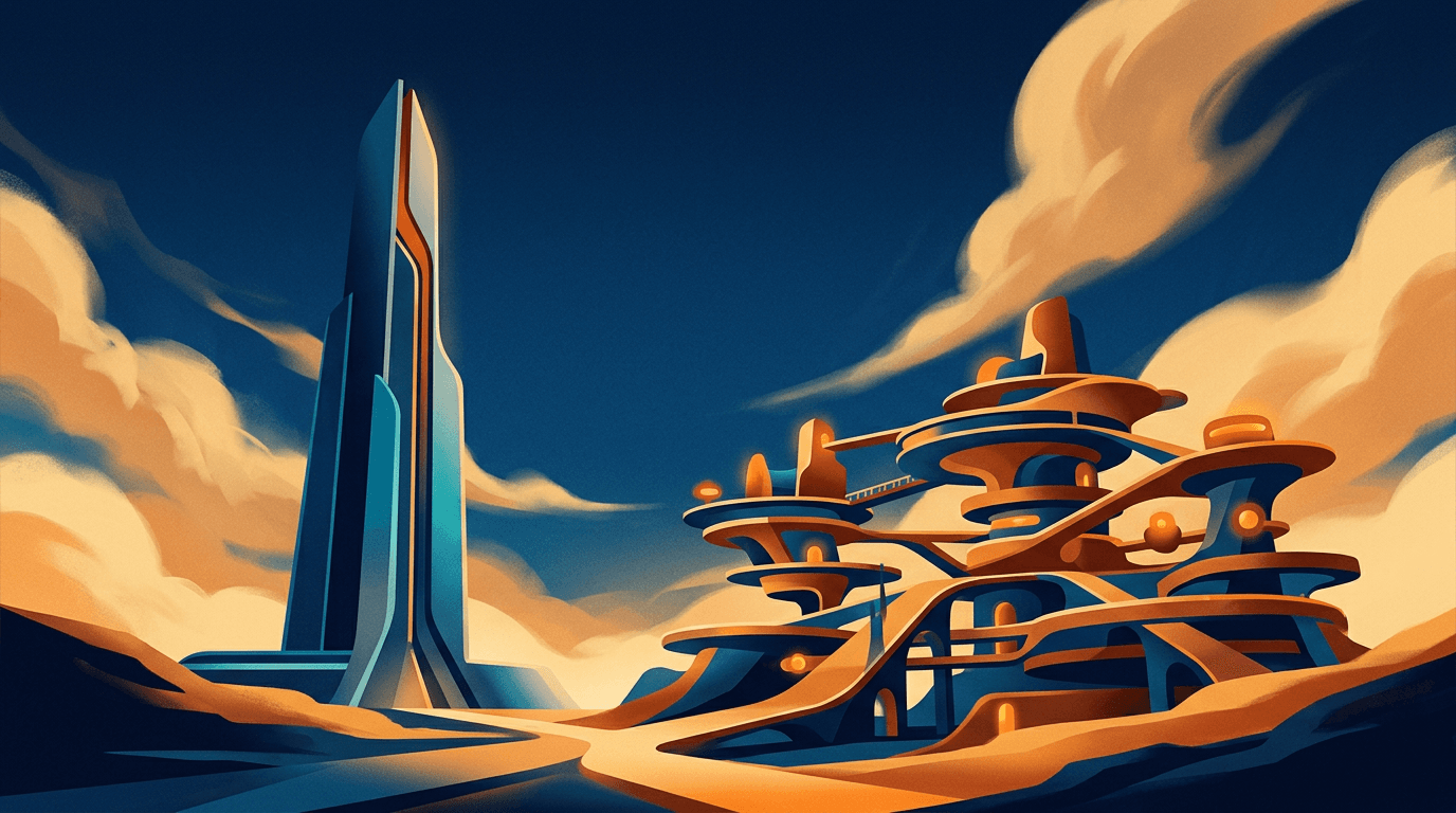 Two abstract architectural structures representing HubSpot and Attio CRM platforms against a deep blue sky with amber accents
