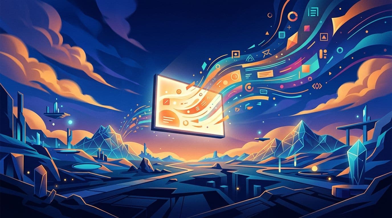 LinkedIn Ads creative best practices for B2B SaaS — cinematic illustration of a glowing digital billboard in a deep blue landscape
