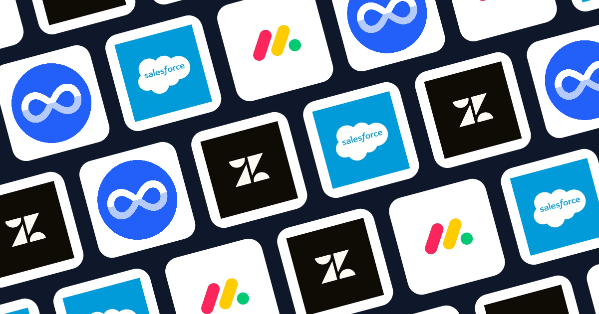 Icon grid showing Salesforce, monday.com, Zendesk, and Nivaloq logos alongside CRM database graphics