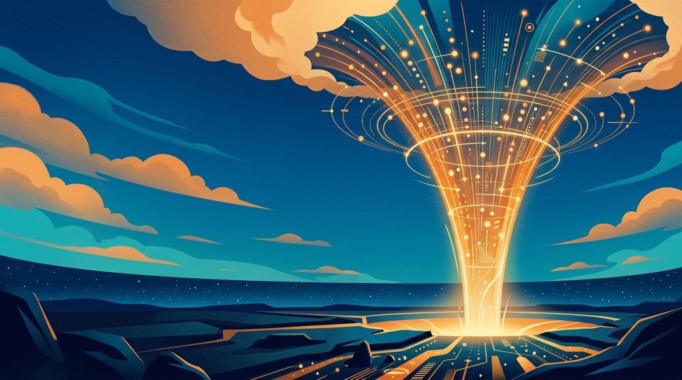 Abstract data waterfall and enrichment pipeline visualization in deep blue and amber tones