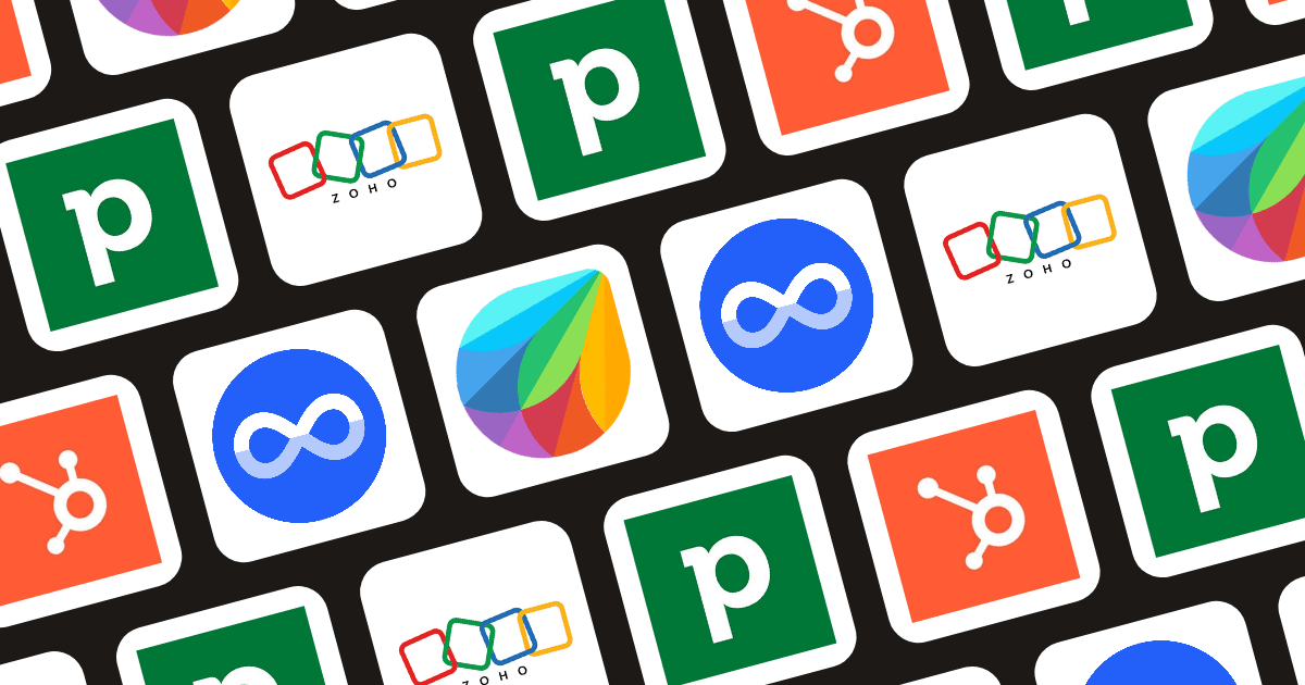 Logos of leading CRM platforms for small business, including Pipedrive, HubSpot, Zoho, Freshsales, and Nivaloq